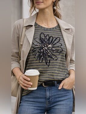 ✨Alison Sheri long sleeve top/charcoal grey,yellow stripes/sequin floral design✨